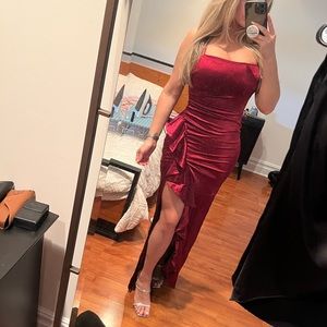 Satin red dress straps and slit